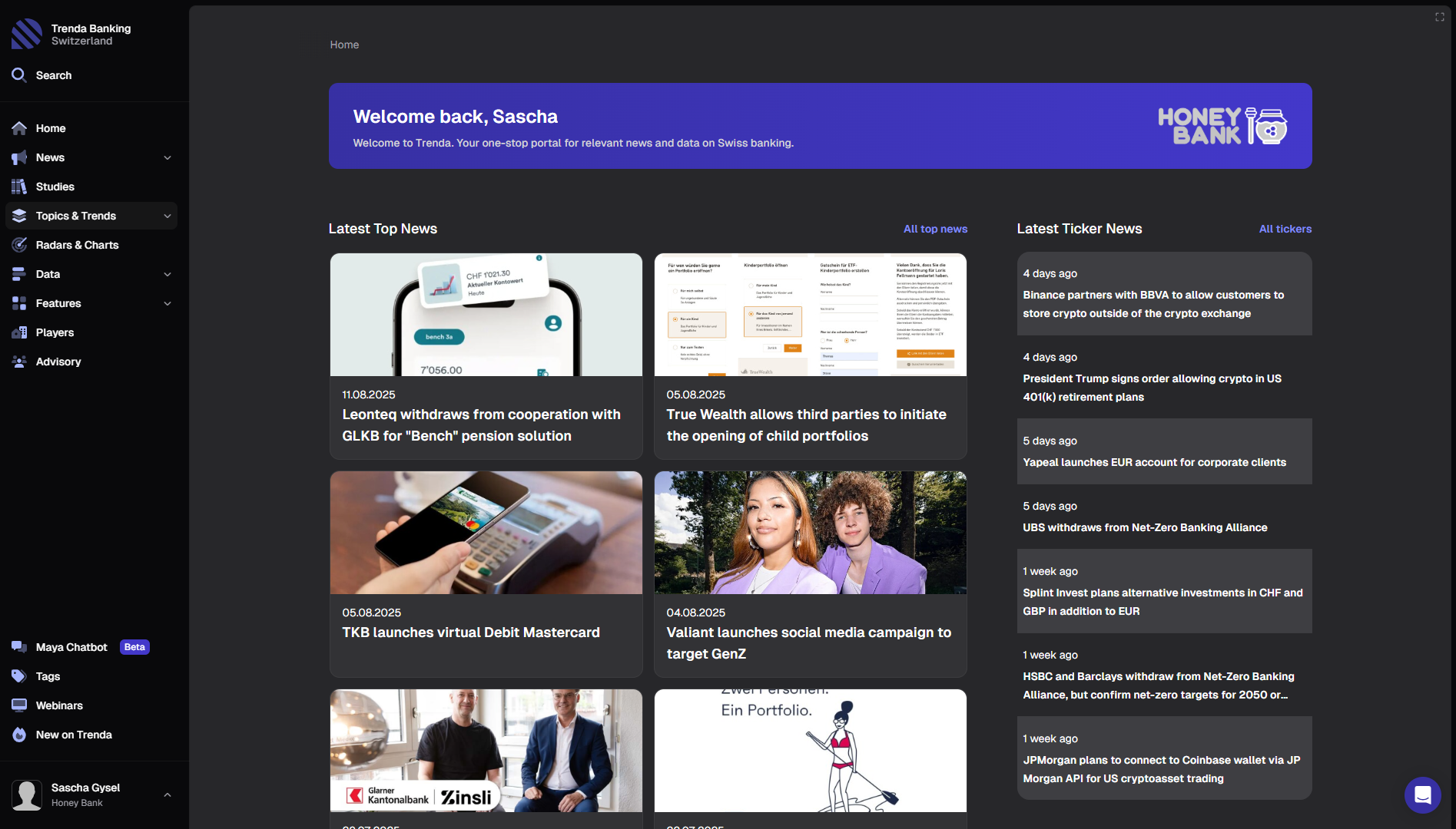 Trenda platform for banking associations displaying comprehensive market data and industry insights in dark mode