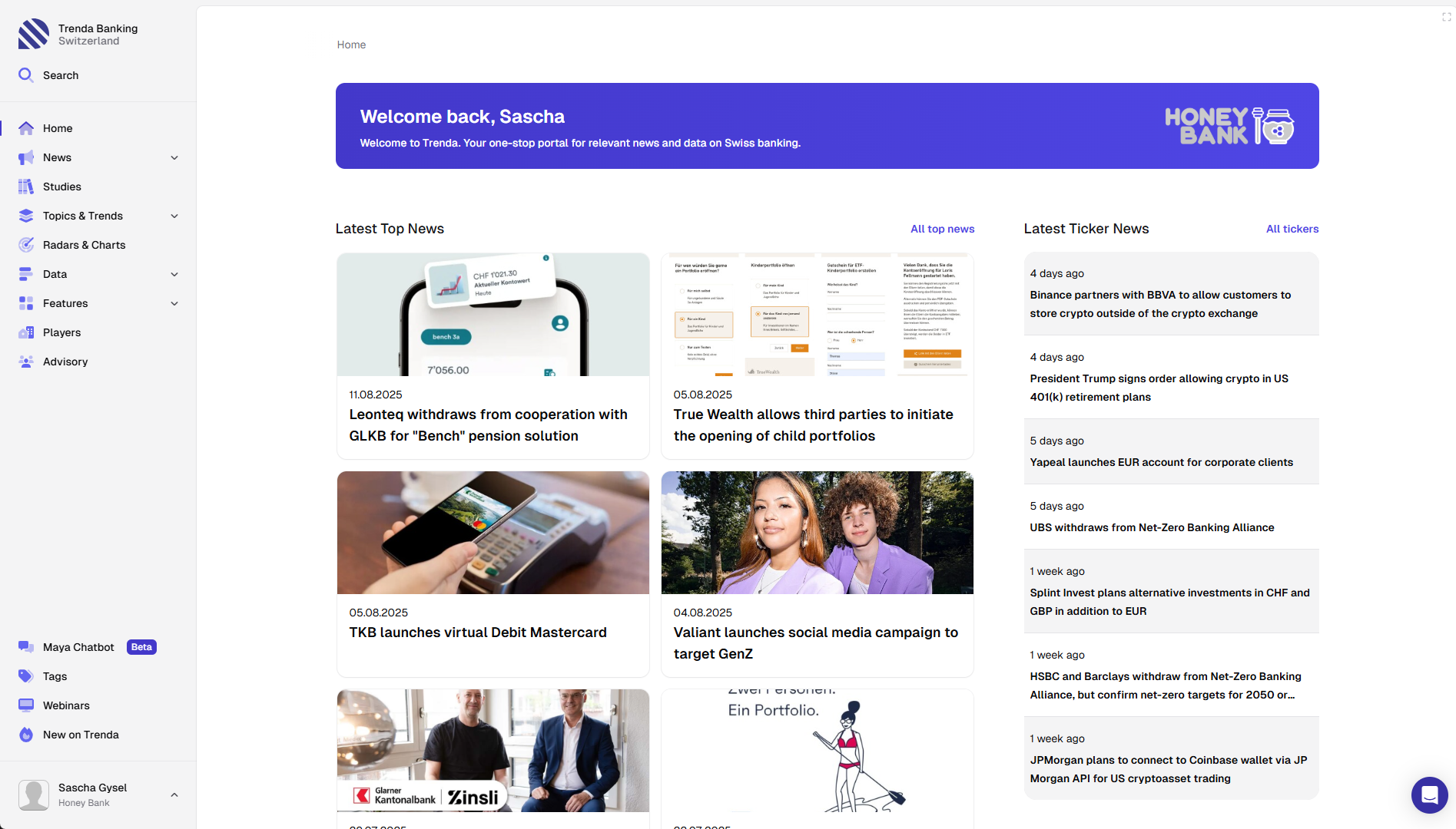 Trenda platform designed for banking associations showing industry-wide market intelligence and collaborative research tools in light mode